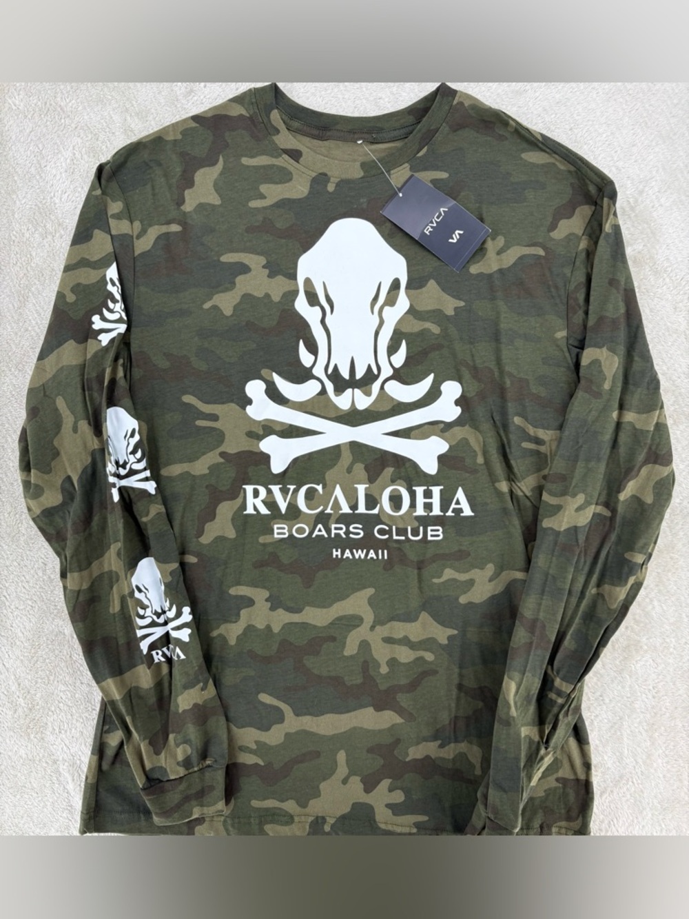 NEW RVCA RVCAloha Camo Long Sleeve Graphic Shirt Men's XXL Skull Surf Streetwear